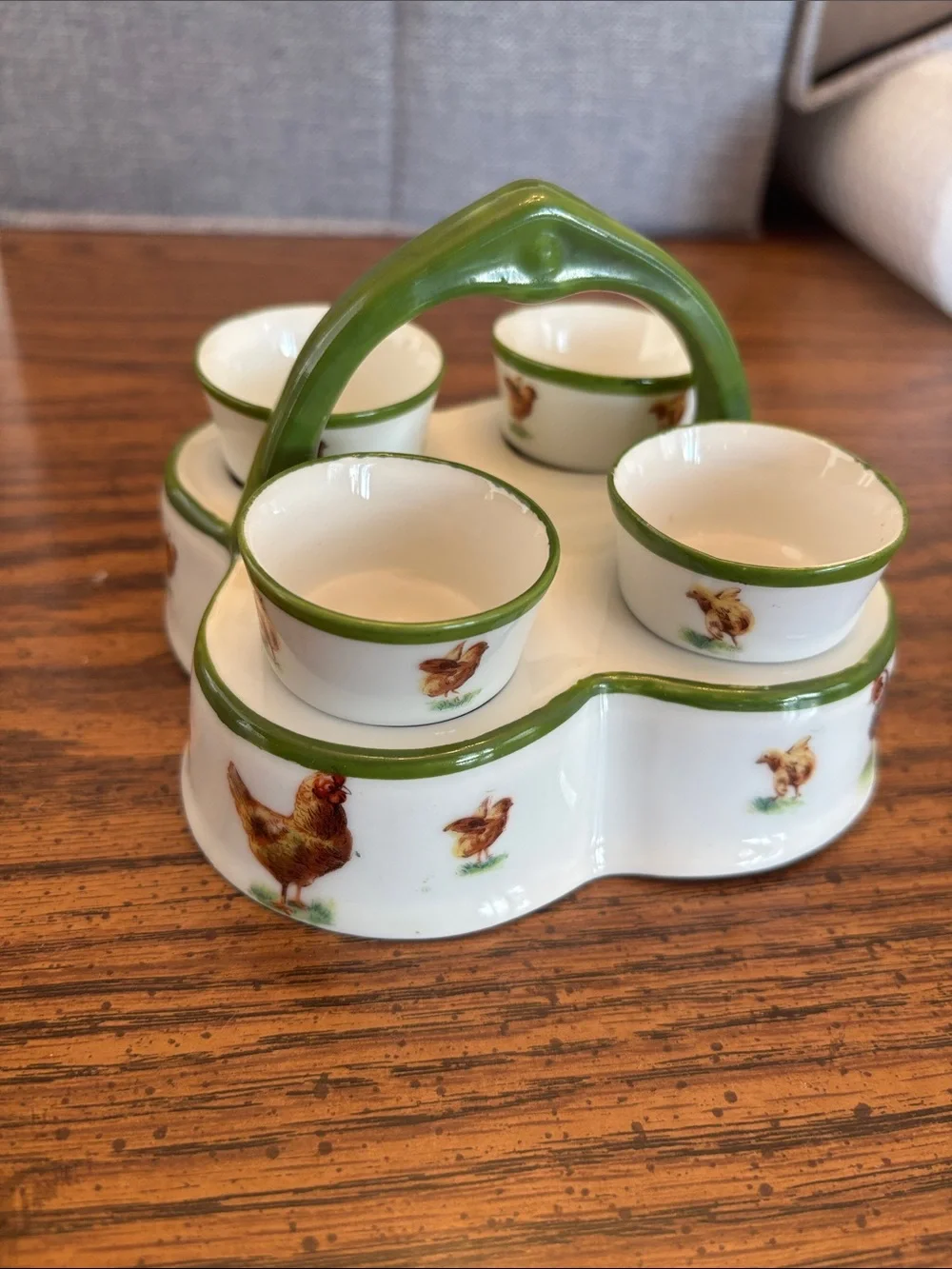 Ceramic Egg Cup Set with Green Trim and Rooster Motif